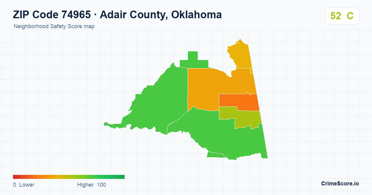 ZIP Code 74965 in Adair County, Oklahoma neighborhood Safety Score map