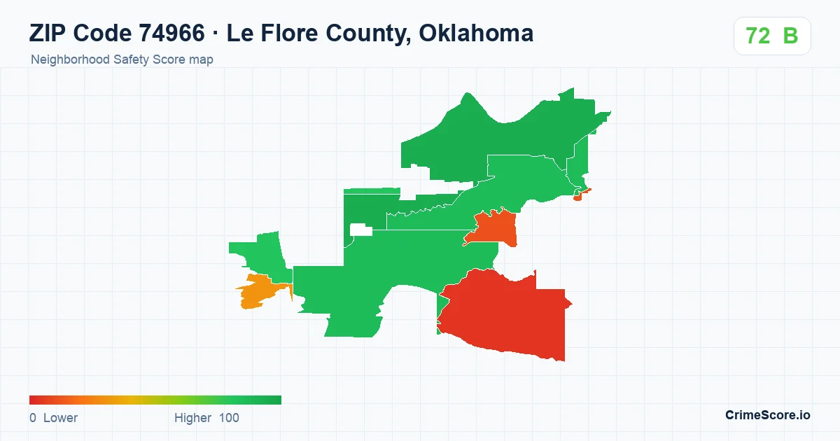 ZIP Code 74966 in Le Flore County, Oklahoma neighborhood Safety Score map