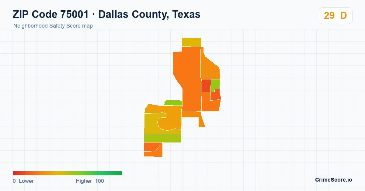 ZIP Code 75001 in Dallas County, Texas neighborhood Safety Score map