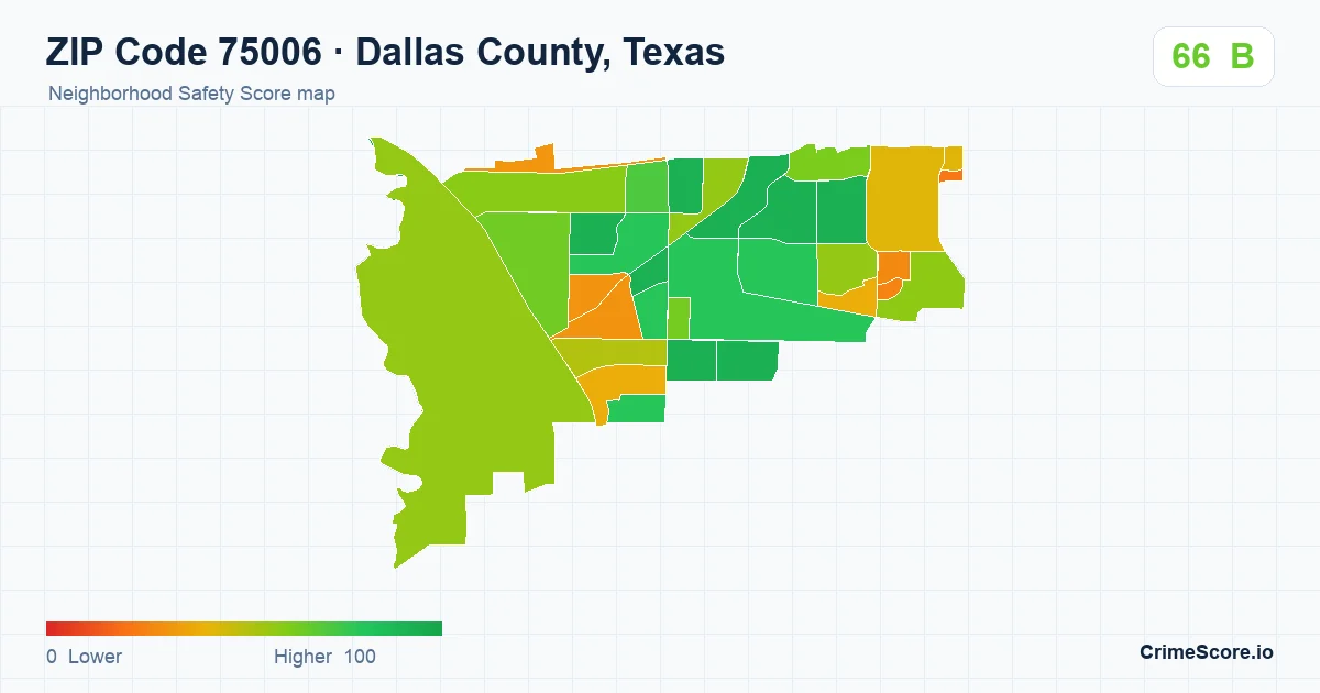 ZIP Code 75006 in Dallas County, Texas neighborhood Safety Score map