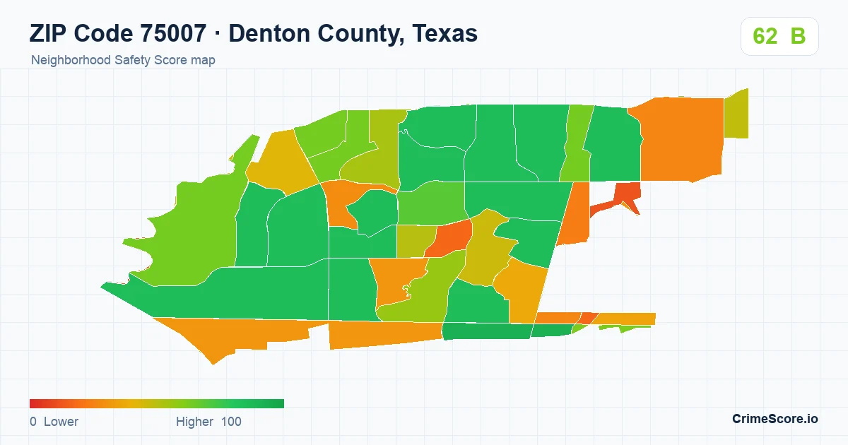 ZIP Code 75007 in Denton County, Texas neighborhood Safety Score map
