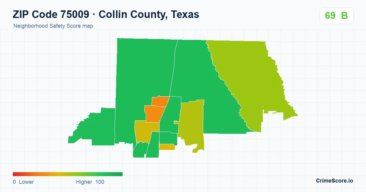 ZIP Code 75009 in Collin County, Texas neighborhood Safety Score map