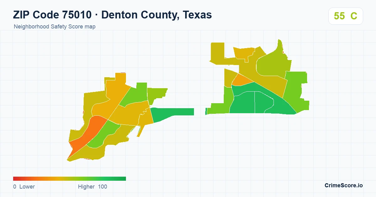 ZIP Code 75010 in Denton County, Texas neighborhood Safety Score map