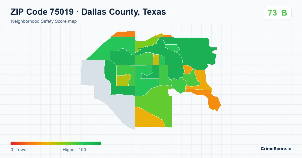 ZIP Code 75019 in Dallas County, Texas neighborhood Safety Score map