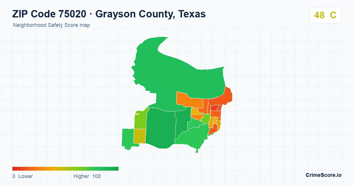 ZIP Code 75020 in Grayson County, Texas neighborhood Safety Score map