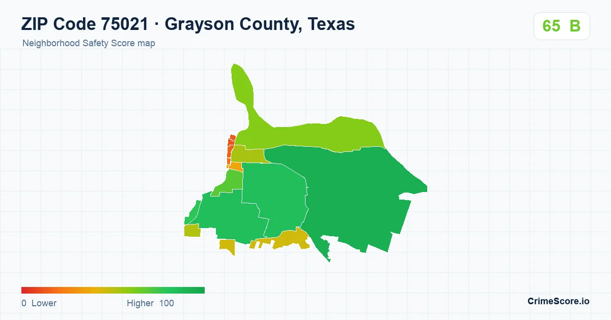 ZIP Code 75021 in Grayson County, Texas neighborhood Safety Score map