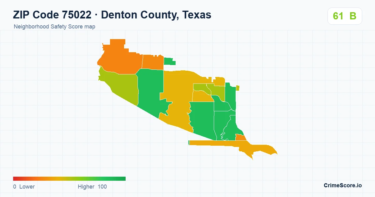 ZIP Code 75022 in Denton County, Texas neighborhood Safety Score map