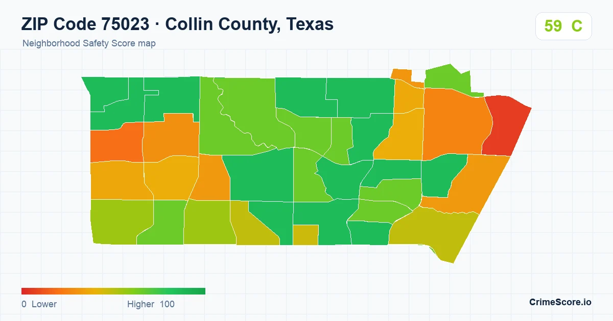 ZIP Code 75023 in Collin County, Texas neighborhood Safety Score map