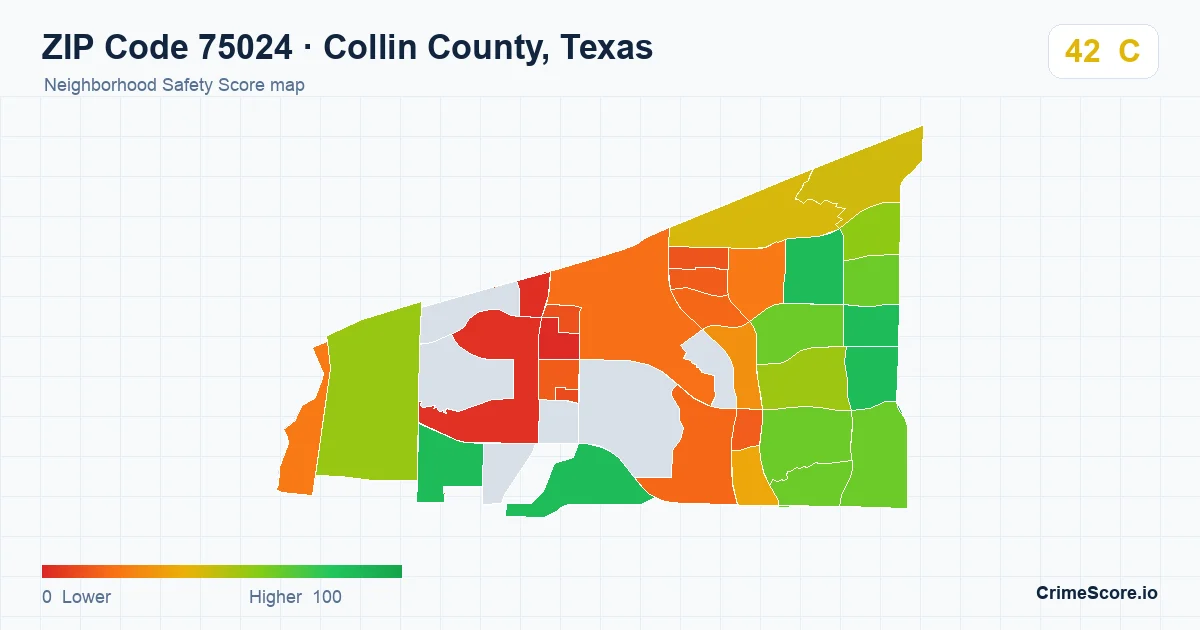 ZIP Code 75024 in Collin County, Texas neighborhood Safety Score map