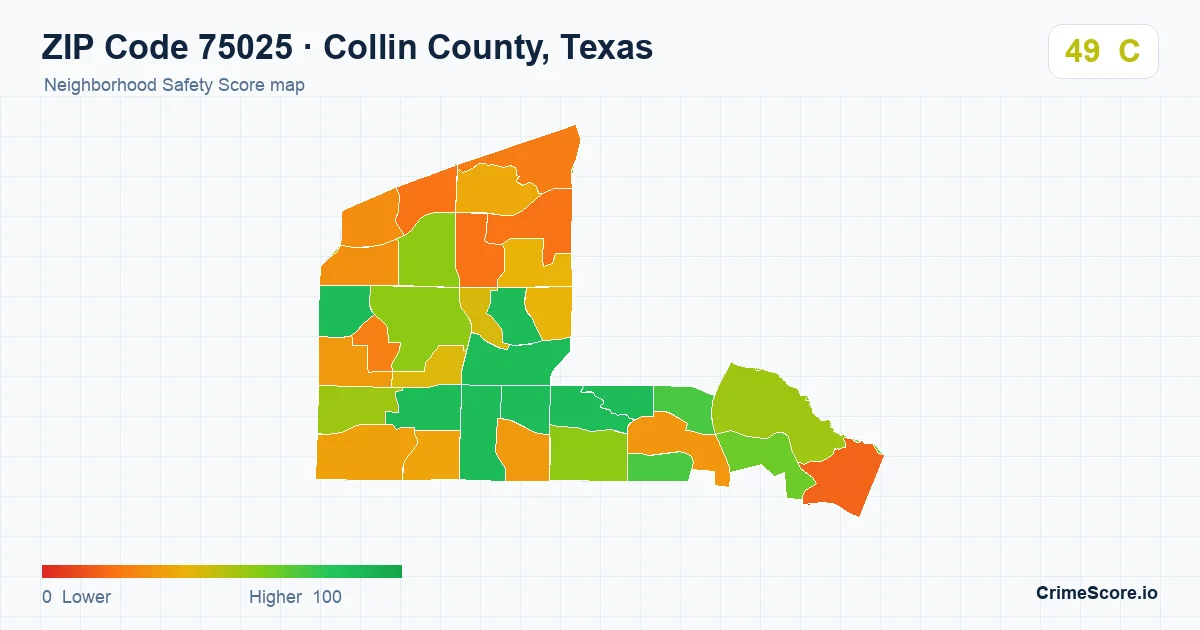ZIP Code 75025 in Collin County, Texas neighborhood Safety Score map