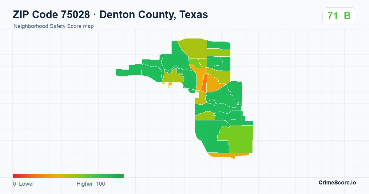 ZIP Code 75028 in Denton County, Texas neighborhood Safety Score map
