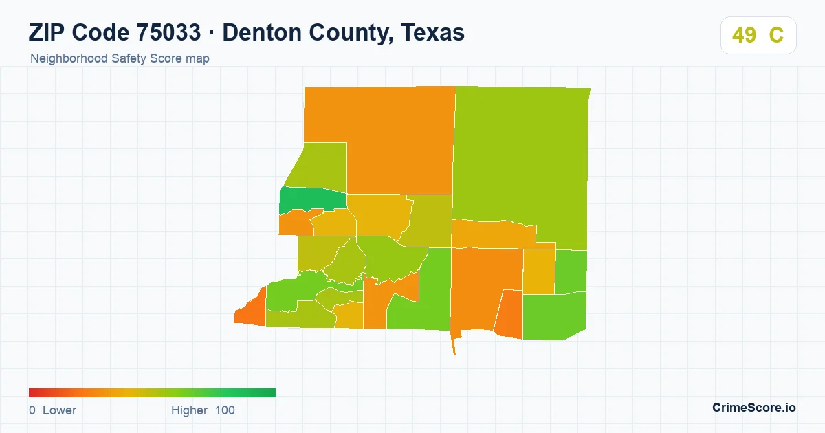 ZIP Code 75033 in Denton County, Texas neighborhood Safety Score map