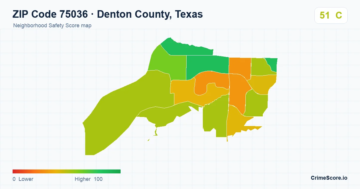 ZIP Code 75036 in Denton County, Texas neighborhood Safety Score map