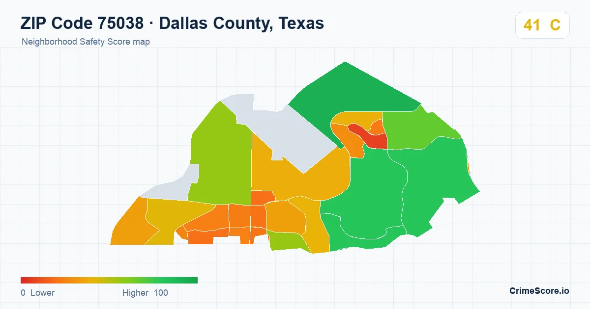 ZIP Code 75038 in Dallas County, Texas neighborhood Safety Score map