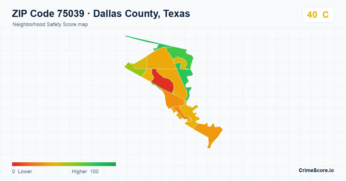 ZIP Code 75039 in Dallas County, Texas neighborhood Safety Score map