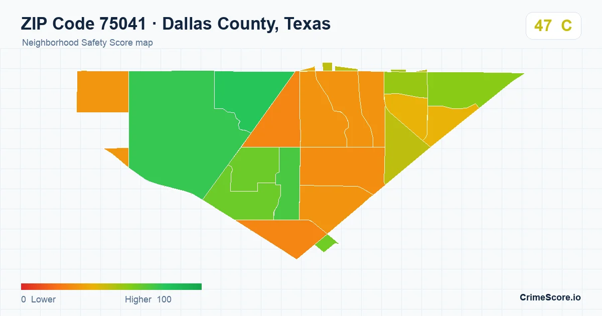 ZIP Code 75041 in Dallas County, Texas neighborhood Safety Score map