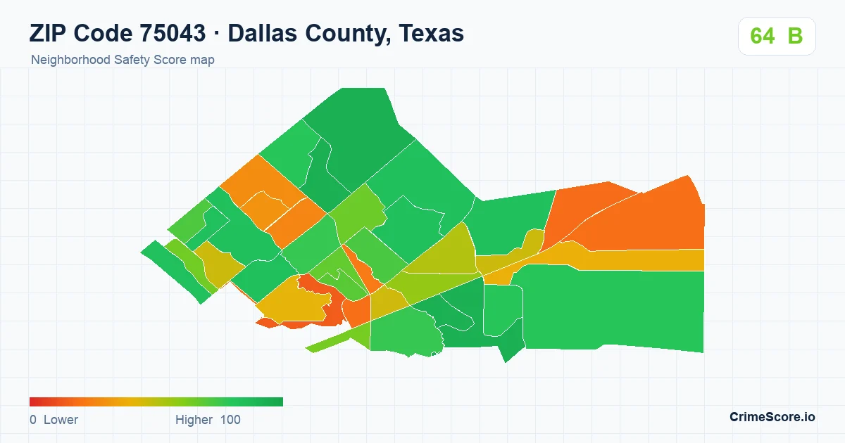 ZIP Code 75043 in Dallas County, Texas neighborhood Safety Score map