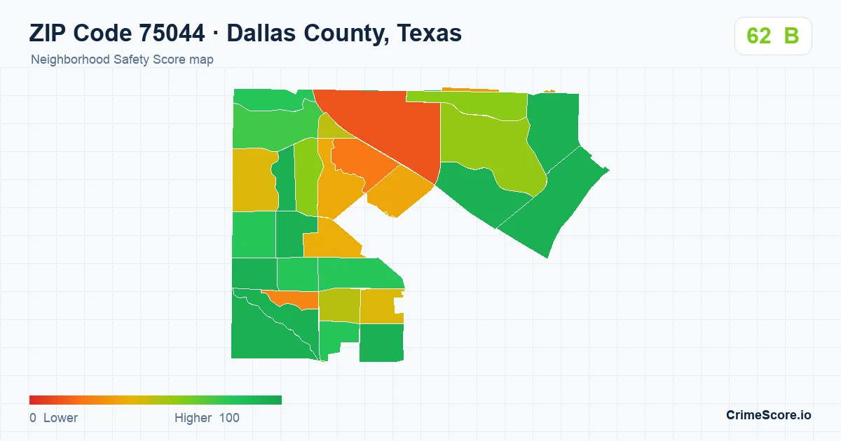 ZIP Code 75044 in Dallas County, Texas neighborhood Safety Score map