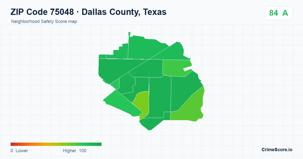ZIP Code 75048 in Dallas County, Texas neighborhood Safety Score map