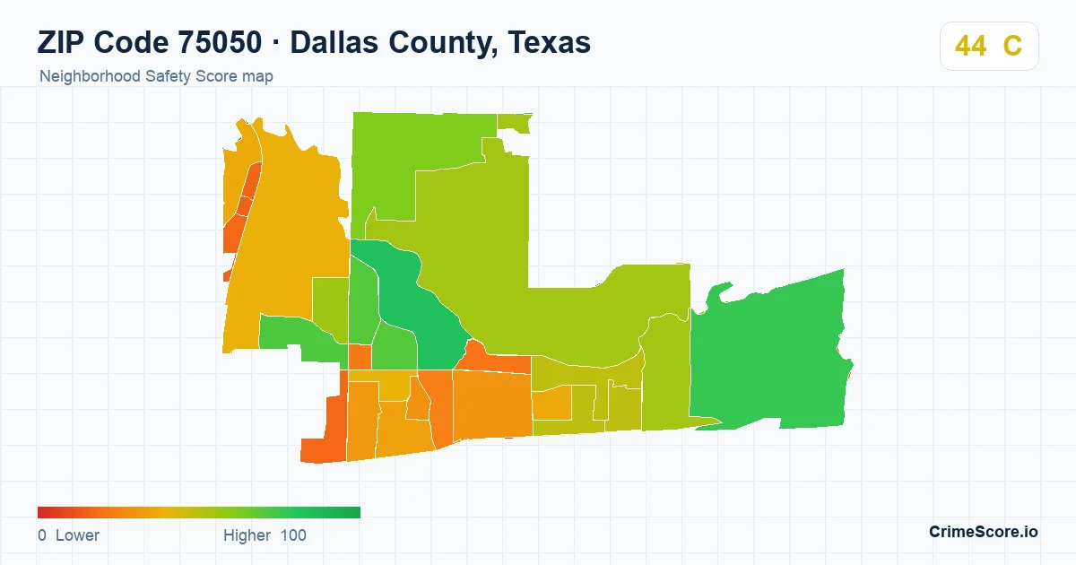 ZIP Code 75050 in Dallas County, Texas neighborhood Safety Score map