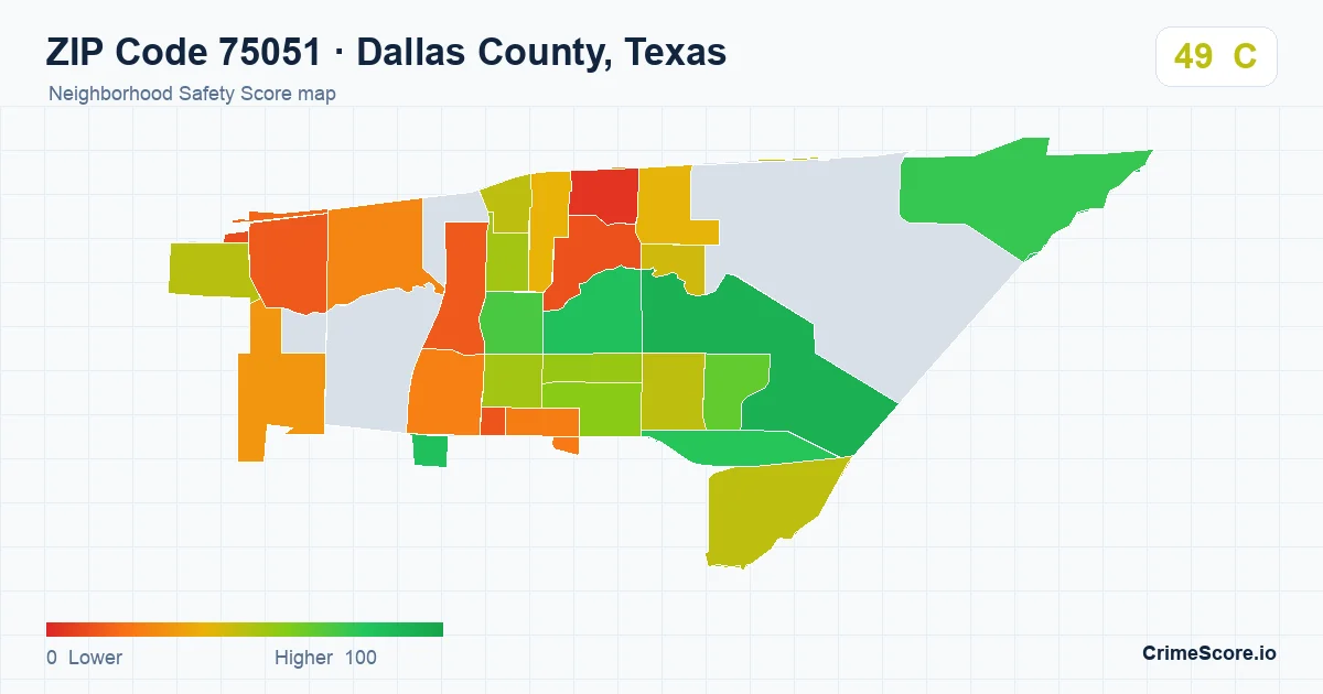 ZIP Code 75051 in Dallas County, Texas neighborhood Safety Score map