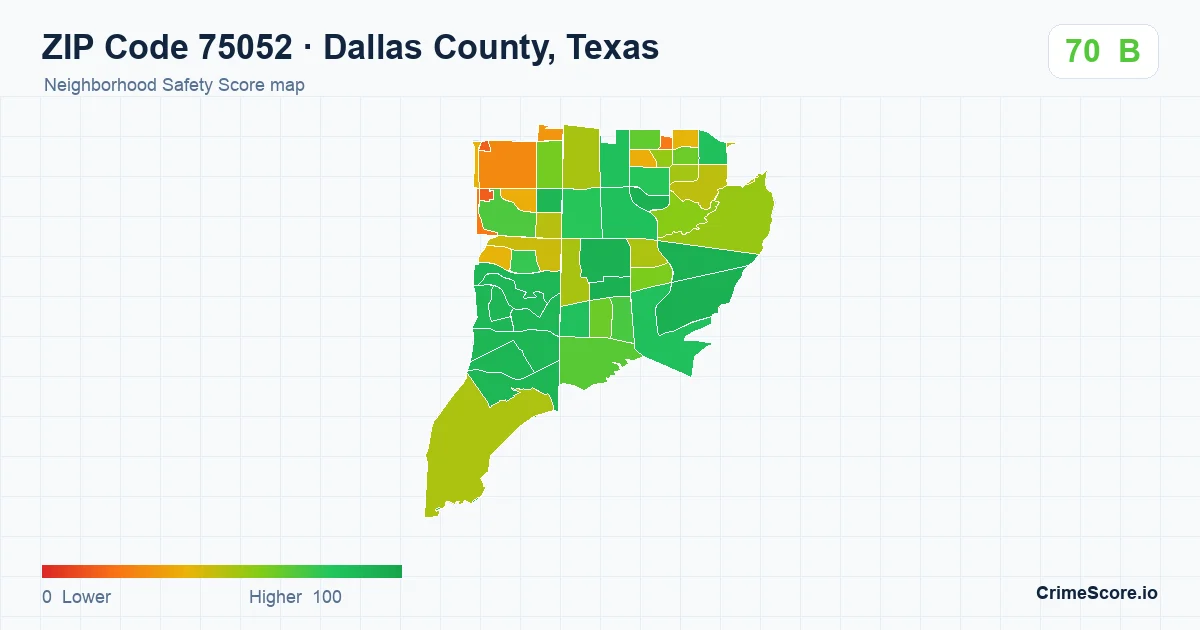 ZIP Code 75052 in Dallas County, Texas neighborhood Safety Score map
