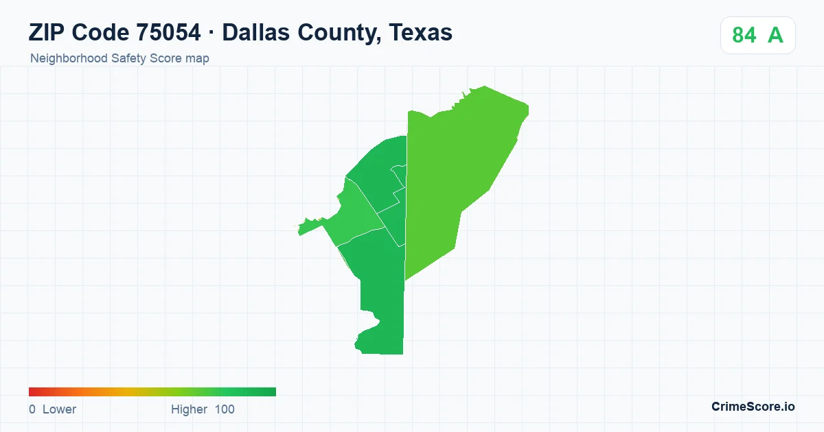 ZIP Code 75054 in Dallas County, Texas neighborhood Safety Score map