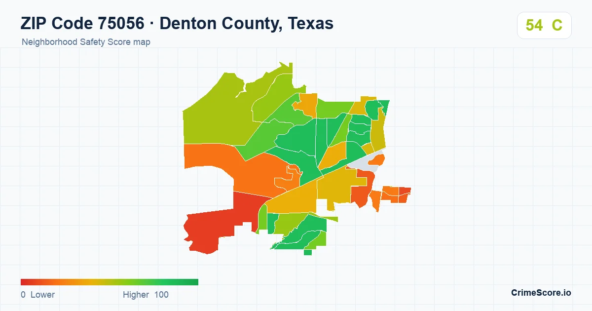 ZIP Code 75056 in Denton County, Texas neighborhood Safety Score map