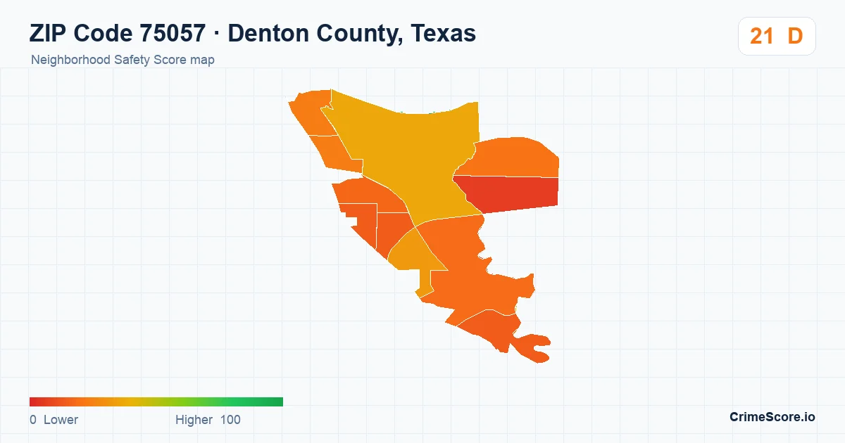 ZIP Code 75057 in Denton County, Texas neighborhood Safety Score map