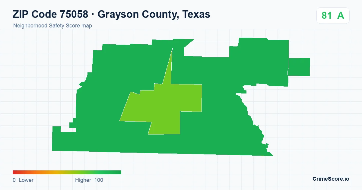ZIP Code 75058 in Grayson County, Texas neighborhood Safety Score map