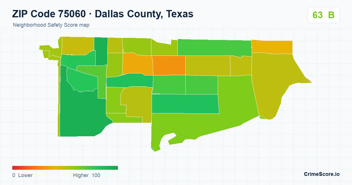 ZIP Code 75060 in Dallas County, Texas neighborhood Safety Score map