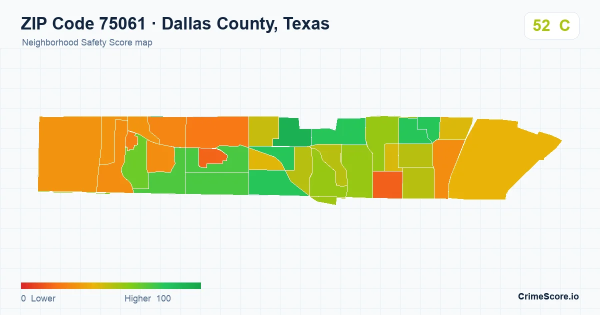 ZIP Code 75061 in Dallas County, Texas neighborhood Safety Score map