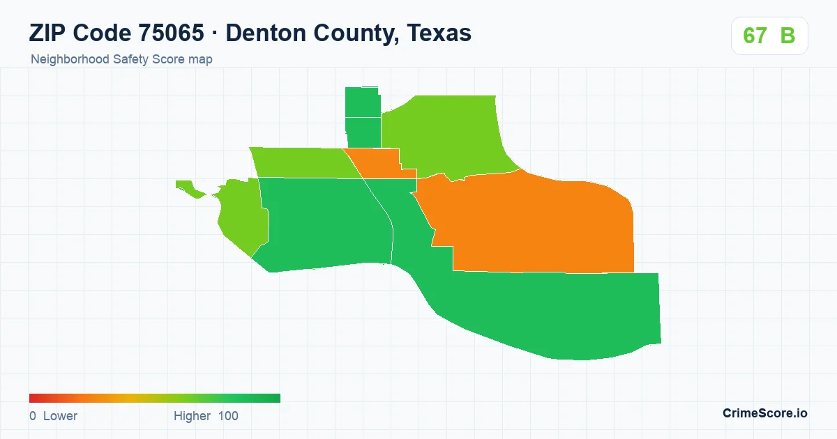 ZIP Code 75065 in Denton County, Texas neighborhood Safety Score map