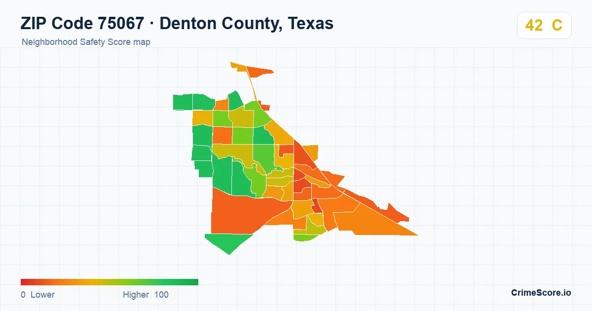 ZIP Code 75067 in Denton County, Texas neighborhood Safety Score map