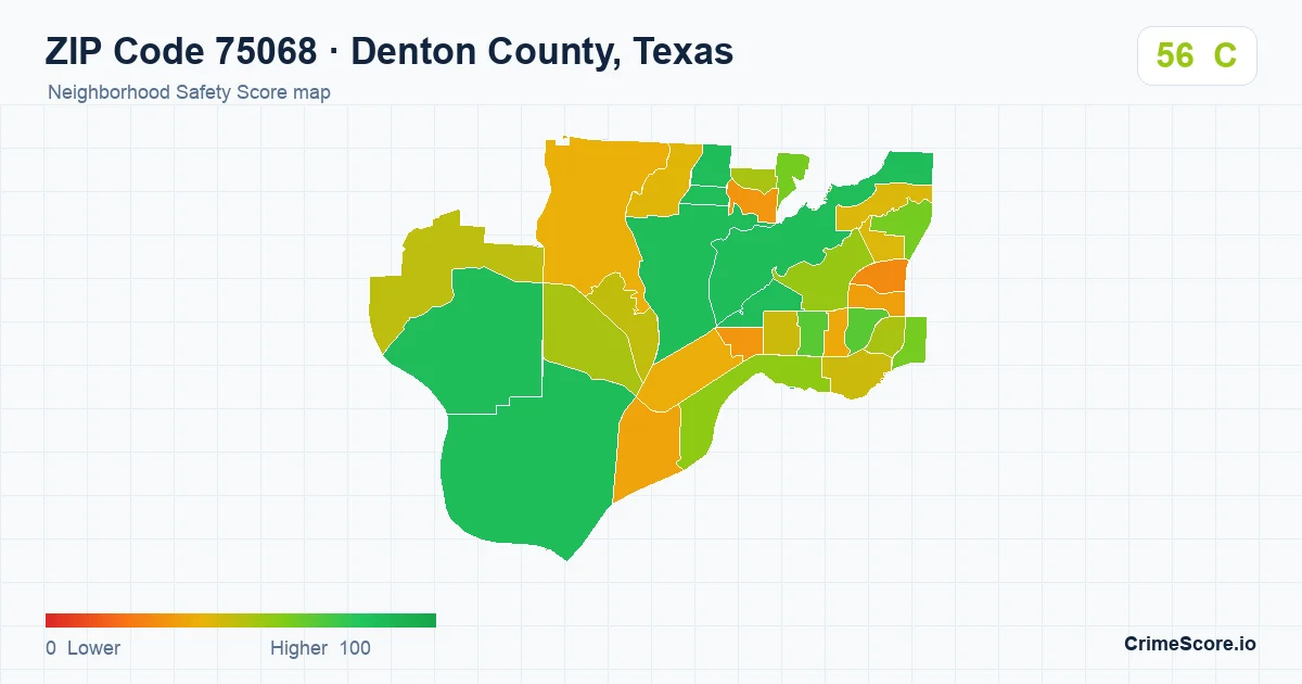 ZIP Code 75068 in Denton County, Texas neighborhood Safety Score map