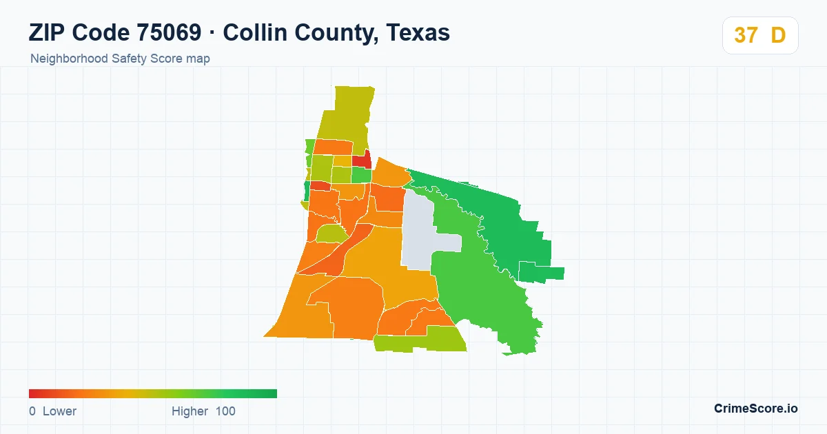 ZIP Code 75069 in Collin County, Texas neighborhood Safety Score map