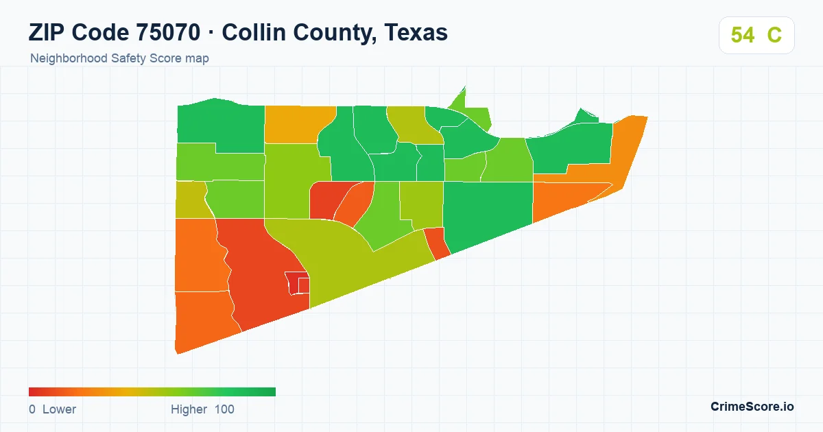 ZIP Code 75070 in Collin County, Texas neighborhood Safety Score map