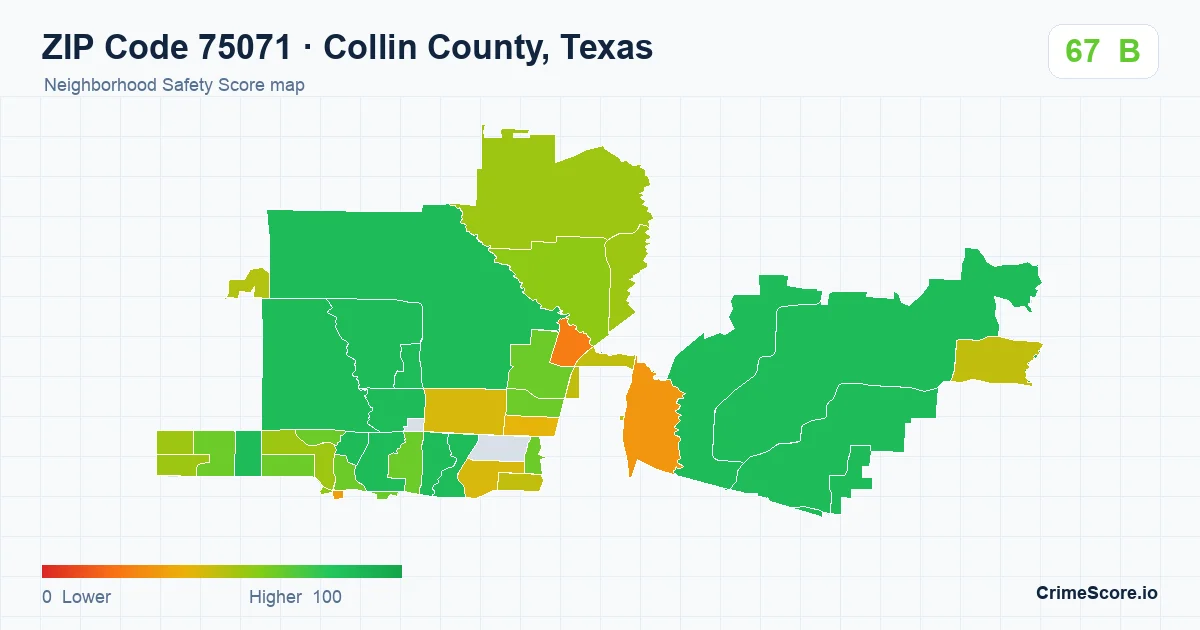 ZIP Code 75071 in Collin County, Texas neighborhood Safety Score map