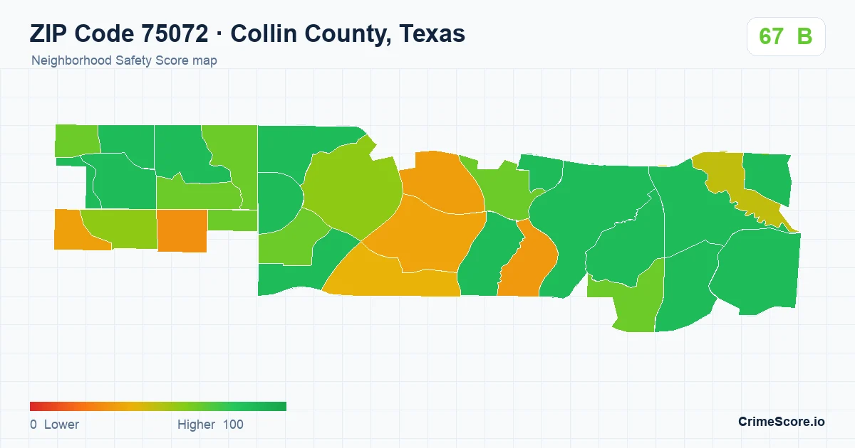 ZIP Code 75072 in Collin County, Texas neighborhood Safety Score map