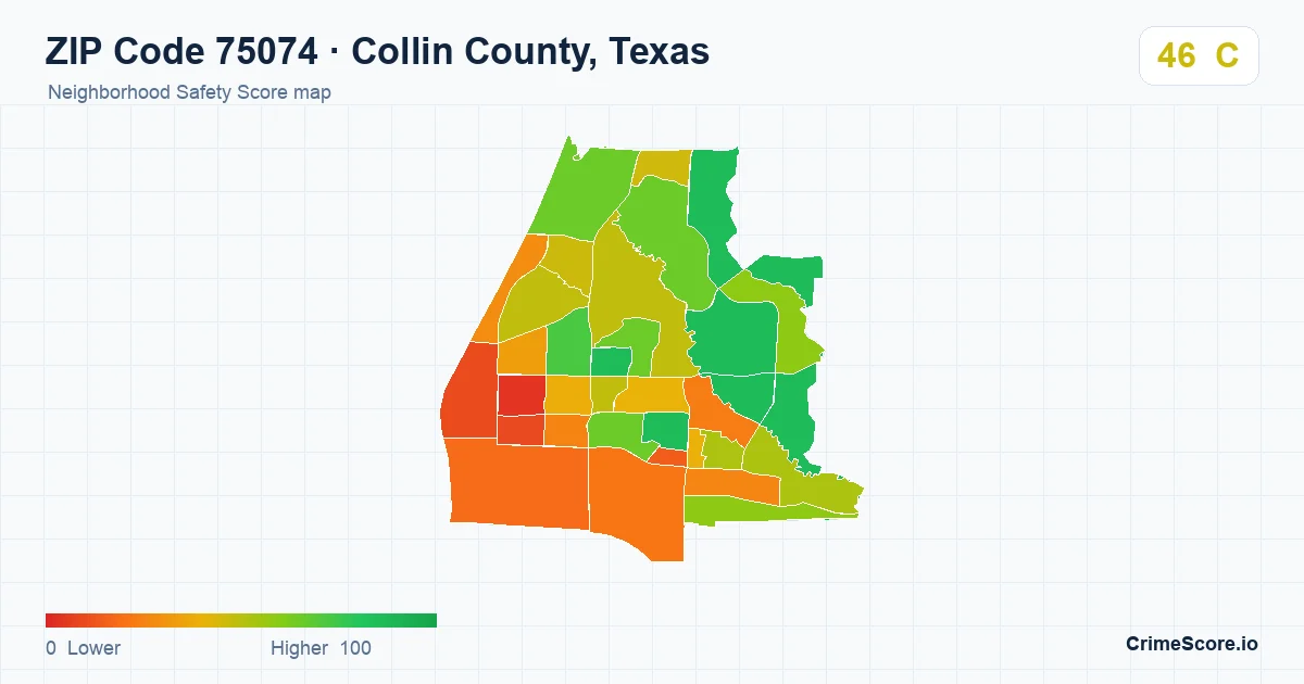 ZIP Code 75074 in Collin County, Texas neighborhood Safety Score map