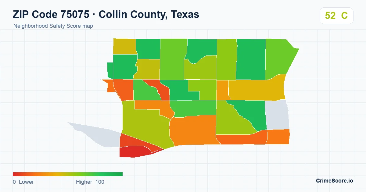 ZIP Code 75075 in Collin County, Texas neighborhood Safety Score map