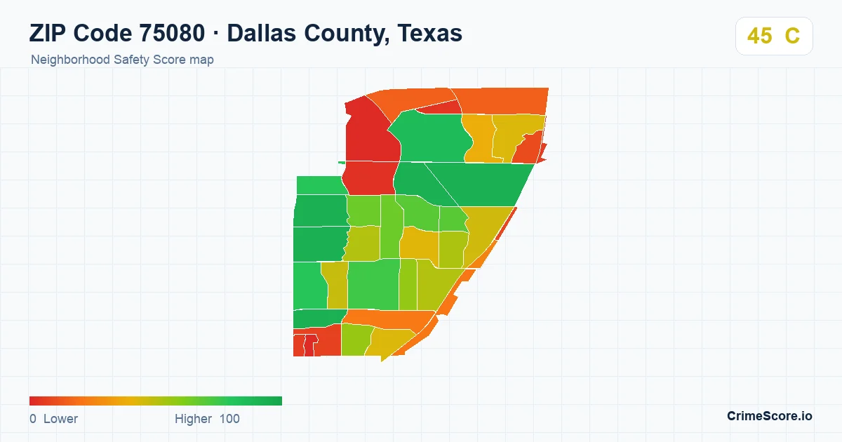 ZIP Code 75080 in Dallas County, Texas neighborhood Safety Score map
