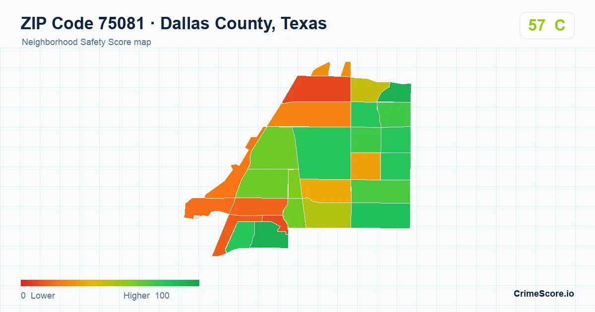 ZIP Code 75081 in Dallas County, Texas neighborhood Safety Score map