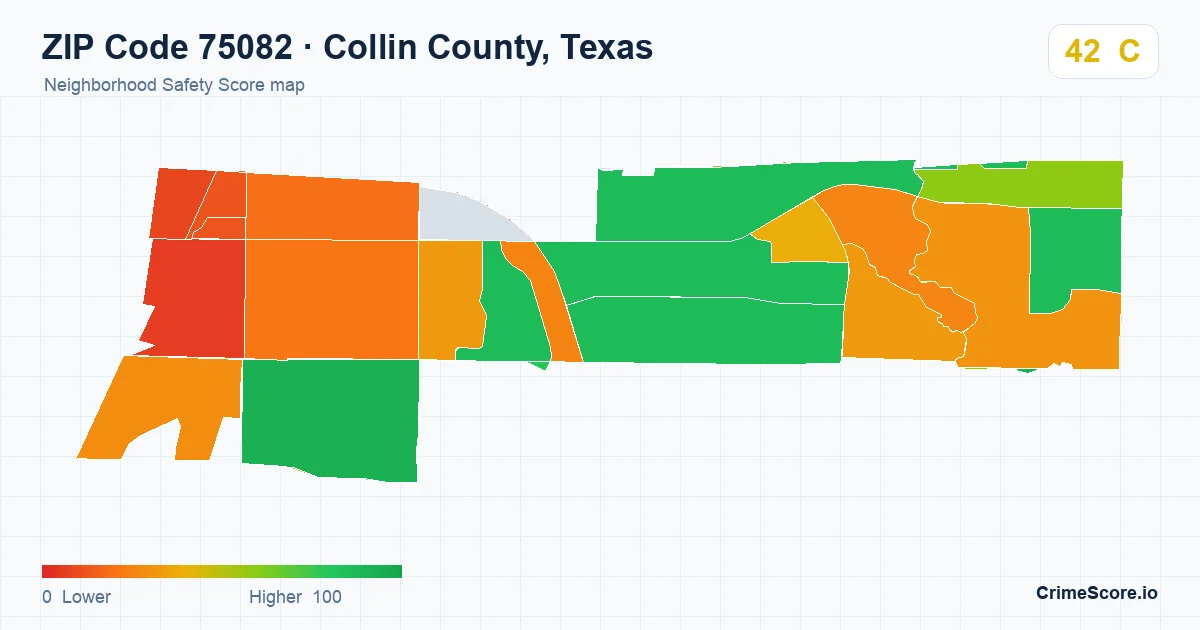ZIP Code 75082 in Collin County, Texas neighborhood Safety Score map