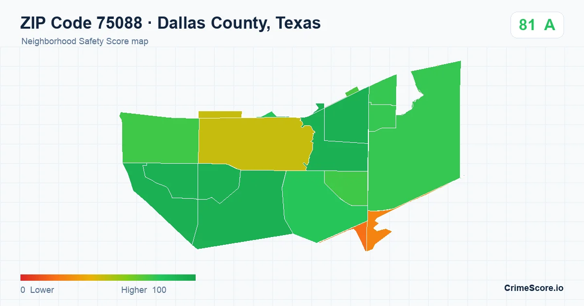 ZIP Code 75088 in Dallas County, Texas neighborhood Safety Score map
