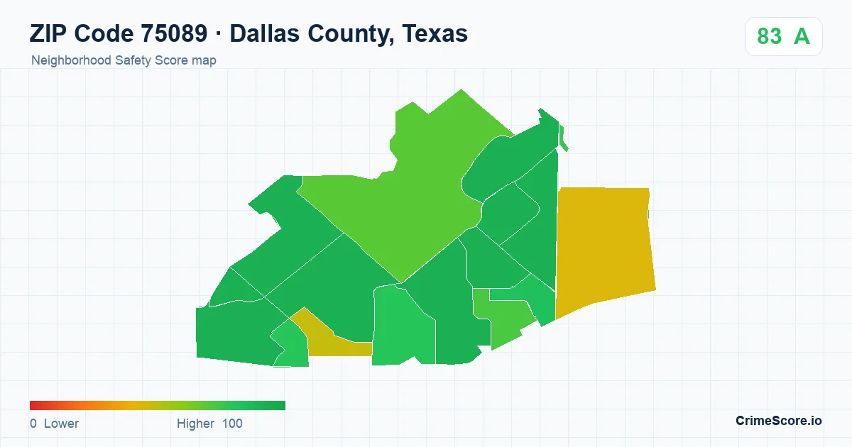 ZIP Code 75089 in Dallas County, Texas neighborhood Safety Score map
