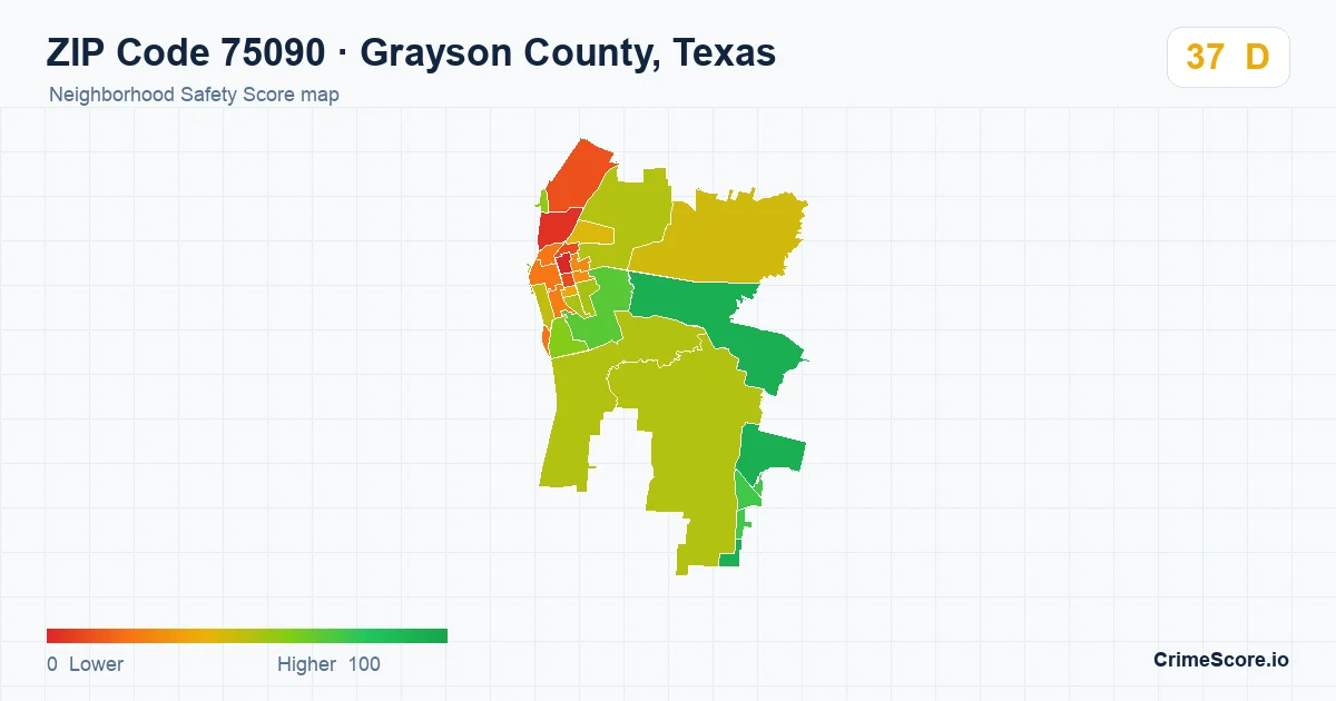 ZIP Code 75090 in Grayson County, Texas neighborhood Safety Score map