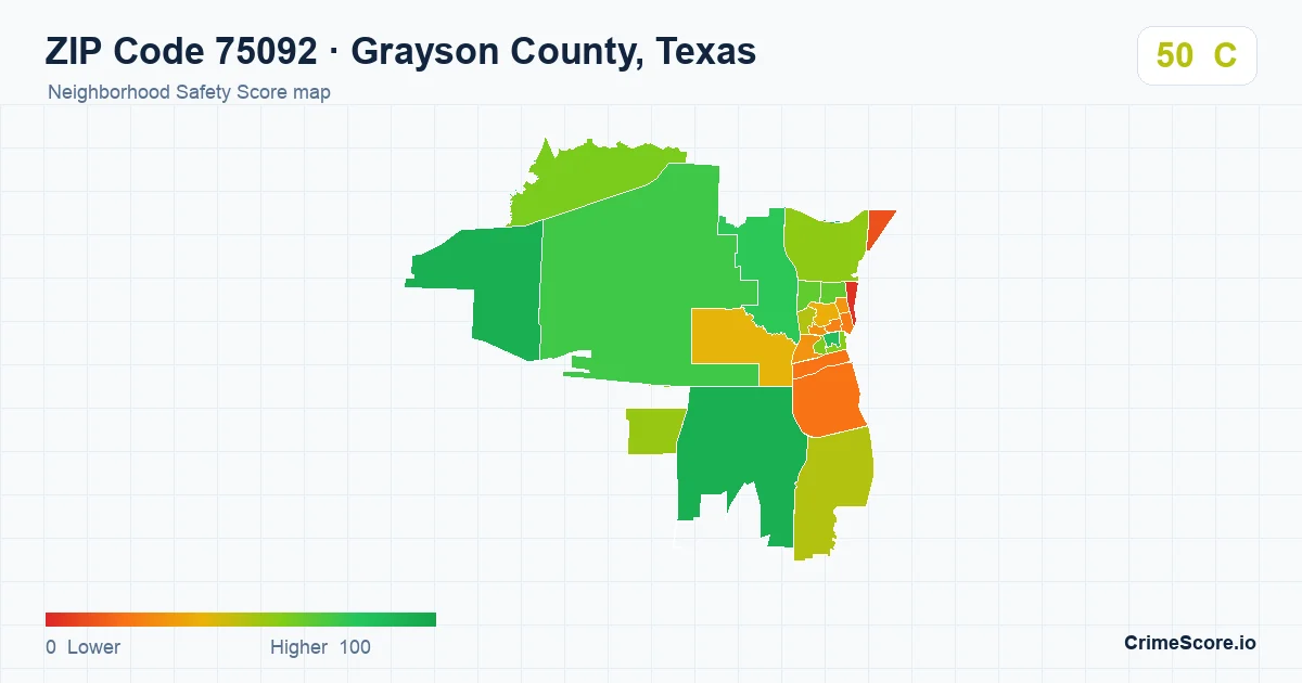 ZIP Code 75092 in Grayson County, Texas neighborhood Safety Score map