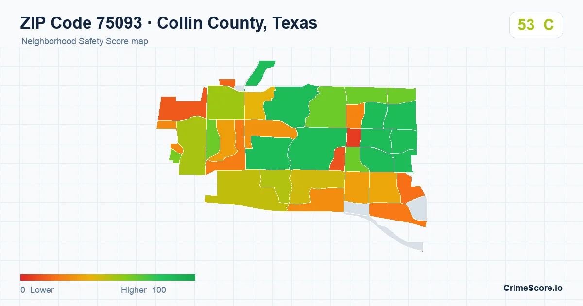 ZIP Code 75093 in Collin County, Texas neighborhood Safety Score map