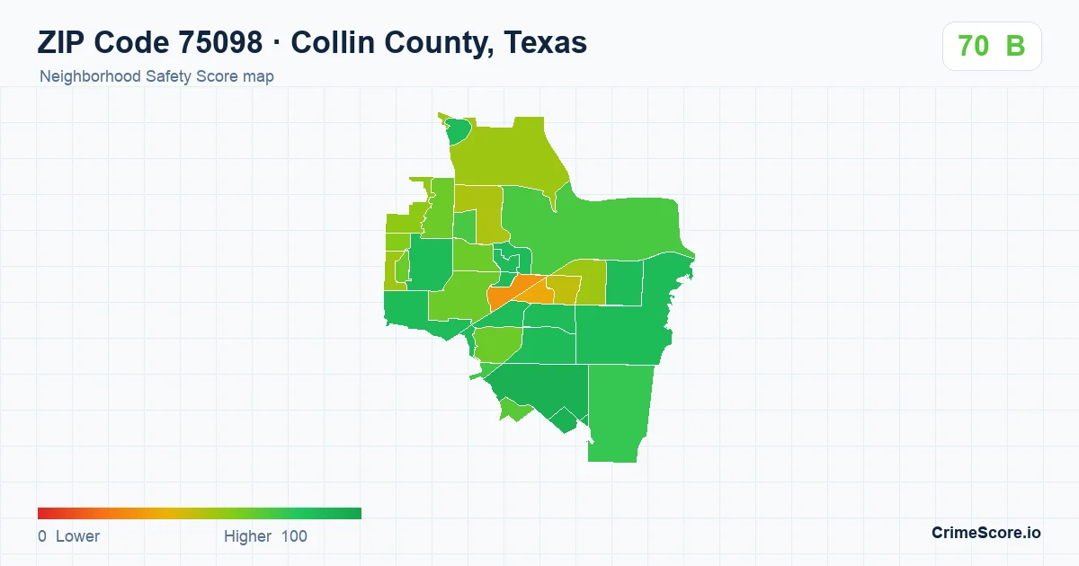 ZIP Code 75098 in Collin County, Texas neighborhood Safety Score map